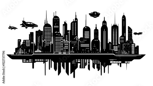Futuristic cityscape with high-tech buildings, skybridges, and advanced transportation systems, vector illustration art