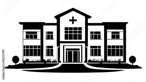 Healthcare facility with separate entrances for emergency, outpatient, and specialty services, vector illustration art
