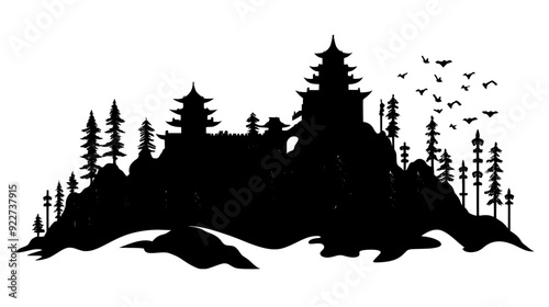 Hidden mountain fortress with elaborate carvings and fantastical design features, vector illustration art