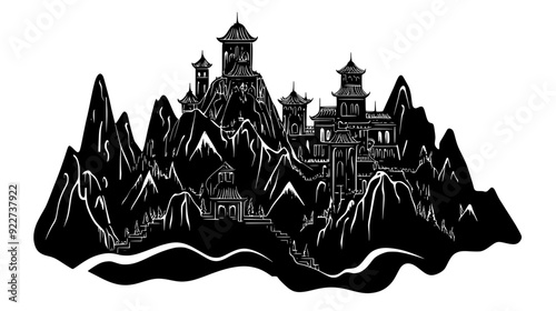 Hidden mountain fortress with elaborate carvings and fantastical design features, vector illustration art