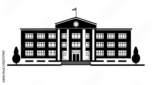 High school building with multiple stories, large windows, and a central entrance with a flagpole, vector illustration art