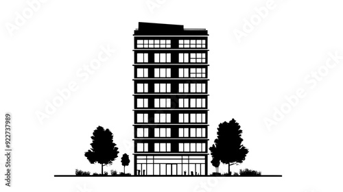 High-rise building with ground-floor retail spaces and upper office floors, vector illustration art
