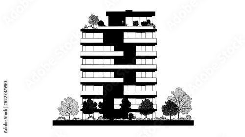 High-rise residential tower with balconies, large glass windows, and a rooftop garden with trees and plants, vector illustration art