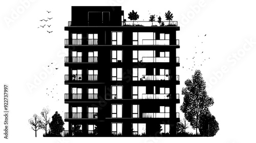 High-rise residential tower with balconies, large glass windows, and a rooftop garden with trees and plants, vector illustration art