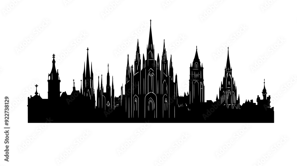Large cathedral with multiple spires, set within an urban area, surrounded by other buildings, vector illustration art Large cathedral with multiple spires, set within an urban area, surrounded by other buildings, vector illustration art