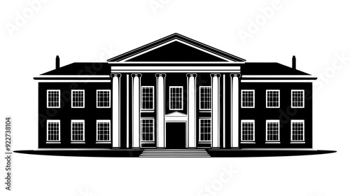 Large building with a wide entrance, flanked by tall pillars, and a flat roof, vector illustration art