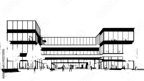Large campus building with interconnected sections and a central atrium visible through glass walls, vector illustration art