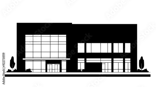 Large commercial building with expansive glass windows and a main entrance, vector illustration art