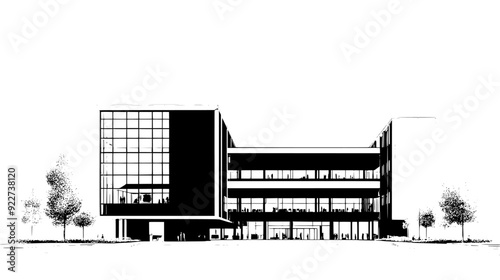 Large campus building with interconnected sections and a central atrium visible through glass walls, vector illustration art