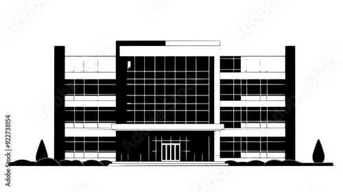 Large commercial building with expansive glass windows and a main entrance, vector illustration art