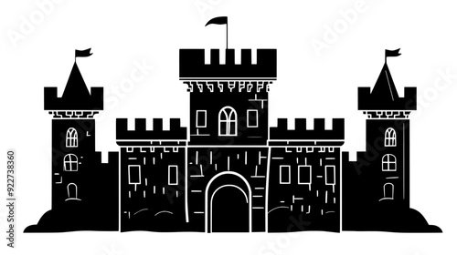 Medieval castle with turrets, battlements, and a central keep, vector illustration art