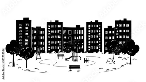 Large residential complex with multiple buildings surrounding a central courtyard and playground, vector illustration art