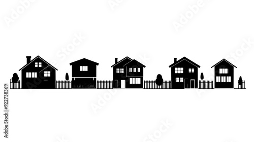 Line of duplex houses, each featuring separate entrances and small, fenced backyards, vector illustration art