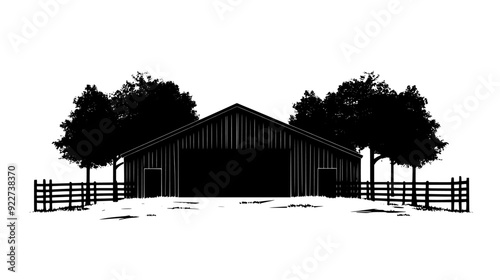 Livestock barn with fenced areas, situated close to a cluster of trees, vector illustration art