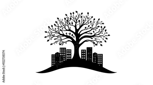 Massive tree with buildings integrated into the branches and trunk, vector illustration art