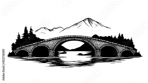 Medieval stone bridge with multiple arches spanning a wide river and mountain backdrop, vector illustration art