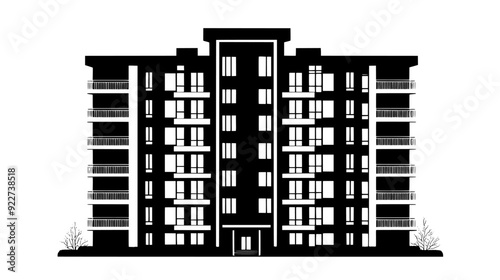Multi-story apartment complex with uniform balconies and a central entrance, vector illustration art