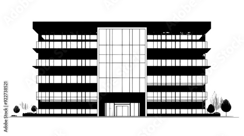 Multi-story government building with large glass panels and a central atrium visible from outside, vector illustration art