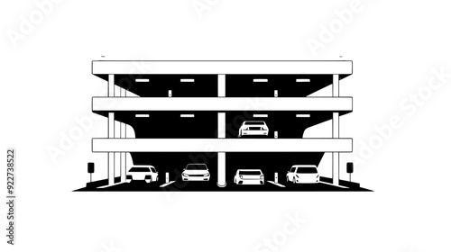 Multi-level parking structure with clearly defined entry and exit ramps, and marked parking spaces, vector illustration art
