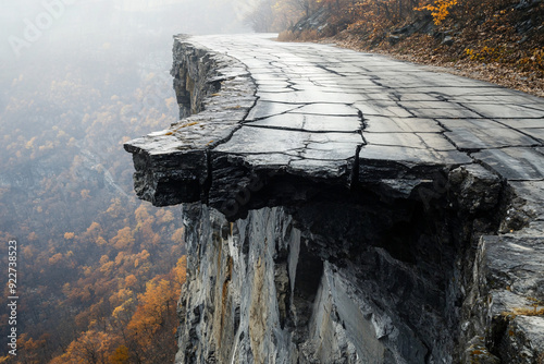 cracked and weathered road dangerously extends over the edge of a steep cliff creating a dramatic and unsettling scene with a misty background