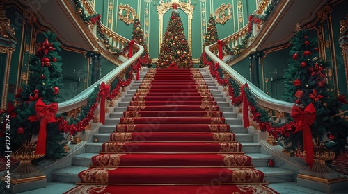 A staircase decorated with a red velvet carpet, gold trim and green walls. Christmas trees on each side of the stairs with red bows hanging from the railings. Festive decorations. Generative AI.