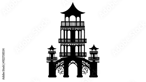 Multi-tiered tower with ornate balconies and bridges to smaller towers, vector illustration art