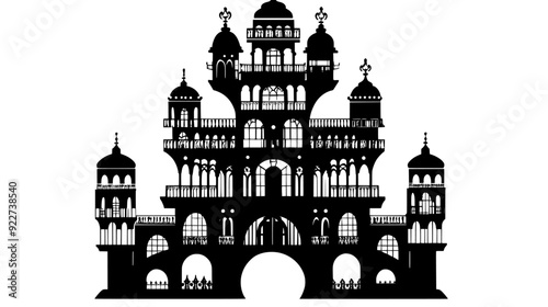 Multi-tiered tower with ornate balconies and bridges to smaller towers, vector illustration art