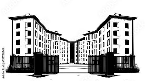 Multi-winged building with a courtyard, surrounded by tall walls and security fencing, vector illustration art