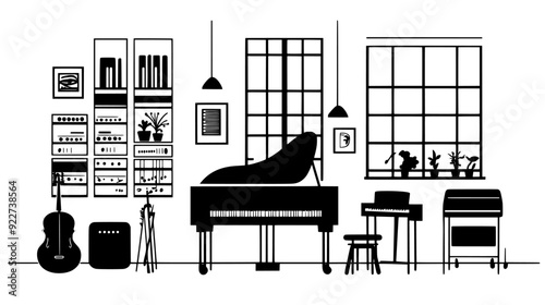 Music conservatory with practice rooms, performance halls, and instrument storage areas, vector illustration art