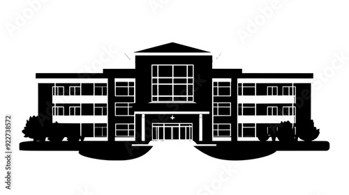 Multi-winged hospital with interconnected sections, large windows, and a central entrance, vector illustration art