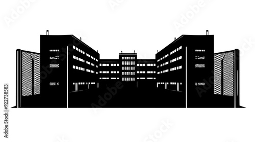 Multi-winged building with a courtyard, surrounded by tall walls and security fencing, vector illustration art