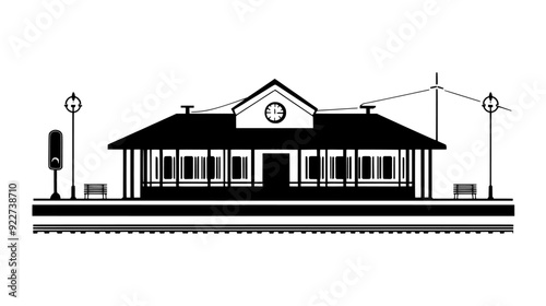 Railway station with tracks, platforms, and a waiting area, vector illustration art