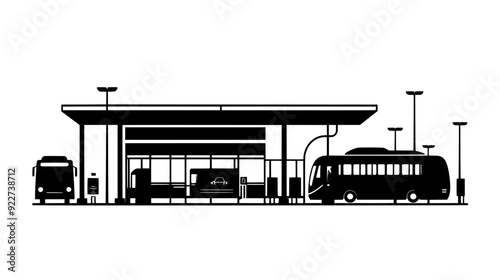Public transportation hub with bus terminals and ticketing area, vector illustration art