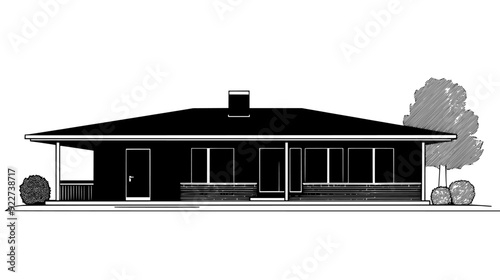 Ranch-style house with a long, low profile, a front porch, and an attached carport, vector illustration art