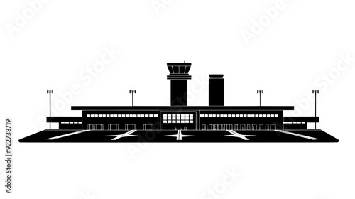 Rectangular airport building with several entrances, adjacent runways, and visible control tower, vector illustration art