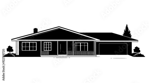 Ranch-style house with a long, low profile, a front porch, and an attached carport, vector illustration art