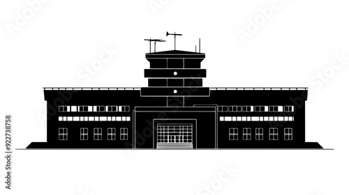 Rectangular building with large windows and a central flagpole, vector illustration art