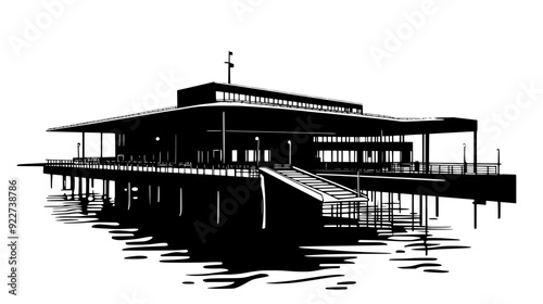 Rectangular ferry terminal with boarding ramps, main building, and surrounding water, vector illustration art