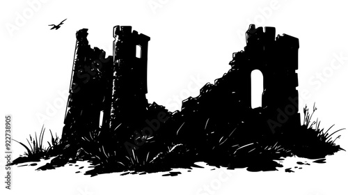 Ruined fortress with breached walls and remnants of a once-mighty gatehouse, vector illustration art