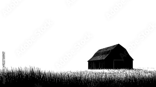 Rustic barn standing alone in an open field, with distant rolling hills in the background, vector illustration art