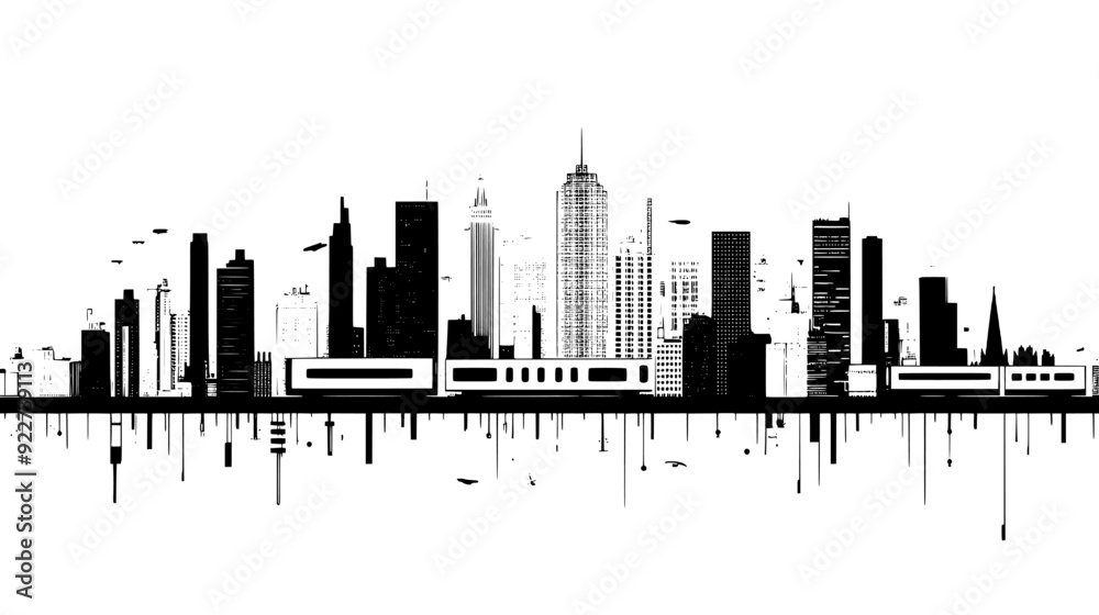 Obraz premium Sprawling urban landscape with densely packed buildings, central business district, and train network, vector illustration art