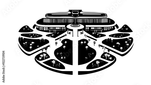 Sprawling complex with multiple wings connected by covered walkways and landscaped gardens, vector illustration art