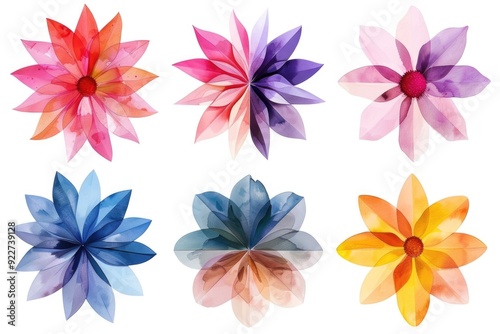 A collection of six colorful paper flowers in different shapes and sizes