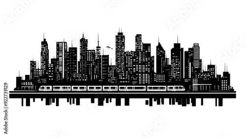 Sprawling urban landscape with densely packed buildings, central business district, and train network, vector illustration art