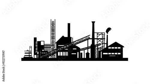 Steel mill with blast furnaces, smokestacks, and conveyor belts transporting materials across the site, vector illustration art