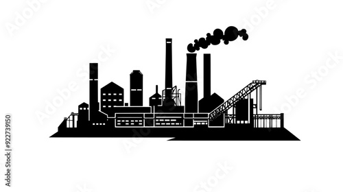 Steel mill with blast furnaces, smokestacks, and conveyor belts transporting materials across the site, vector illustration art