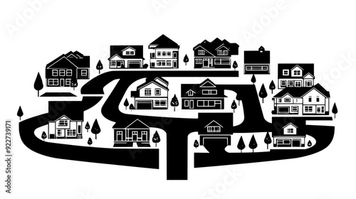 Suburban neighborhood with multiple houses, driveways, and uniform street layout, vector illustration art