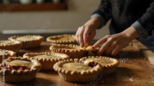 A person is using a wooden tabletop to prepare several pies.