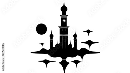 Towering spire with an ornate finial, surrounded by floating islands, vector illustration art