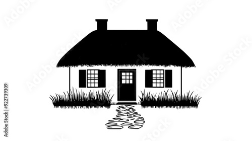 Traditional cottage with thatched roof, small windows with shutters, and cobblestone pathway leading to the door, vector illustration art